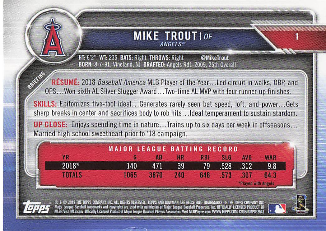 2019 Bowman Baseball Mike Trout #1