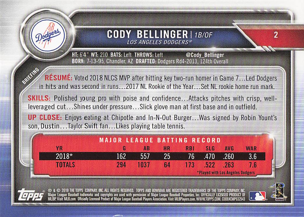 2019 Bowman Baseball Cody Bellinger #2