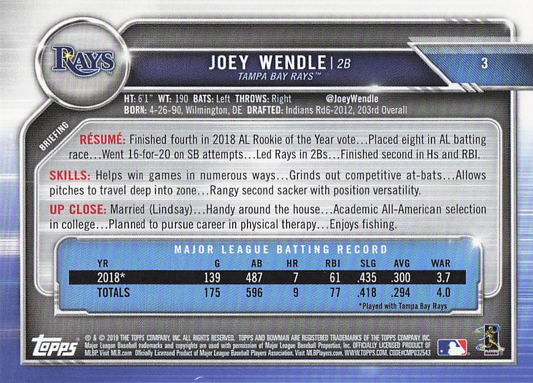 2019 Bowman Baseball Joey Wendle #3