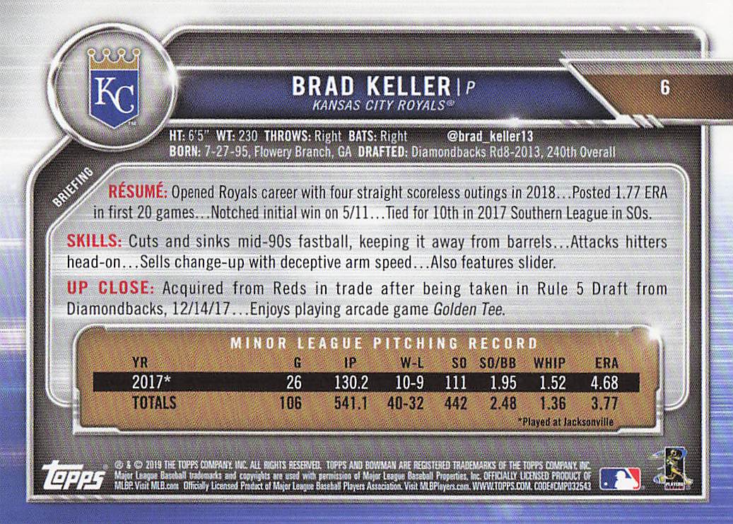 2019 Bowman Baseball Brad Keller #6 Rookie