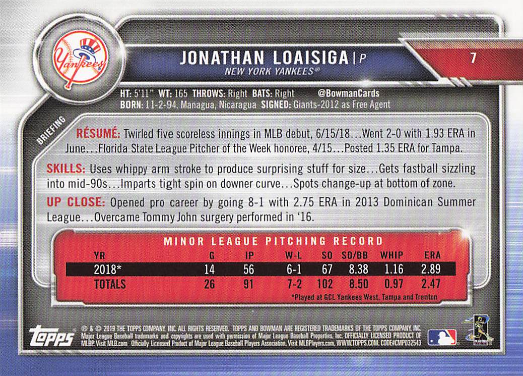 2019 Bowman Baseball Jonathan Loaisiga #7 Rookie