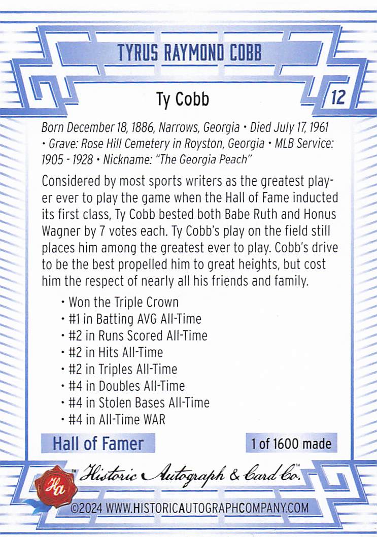 2024 Historic Autographs All Time Greats Baseball Ty Cobb #12