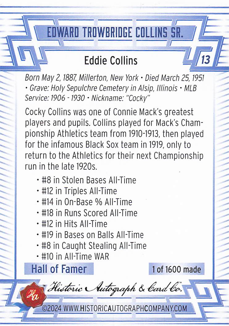 2024 Historic Autographs All Time Greats Baseball Eddie Collins #13