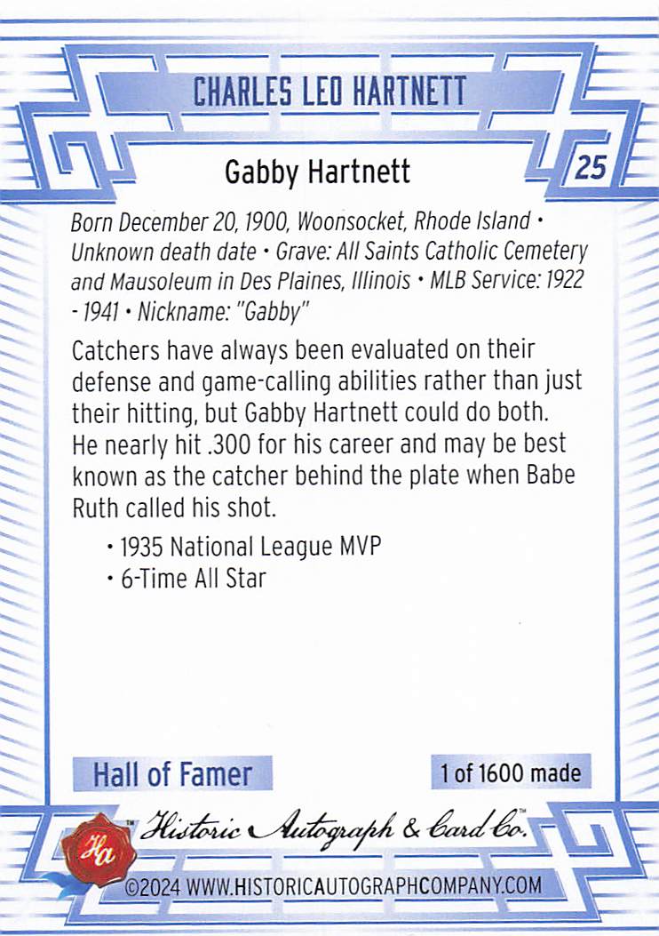2024 Historic Autographs All Time Greats Baseball Gabby Hartnett #25
