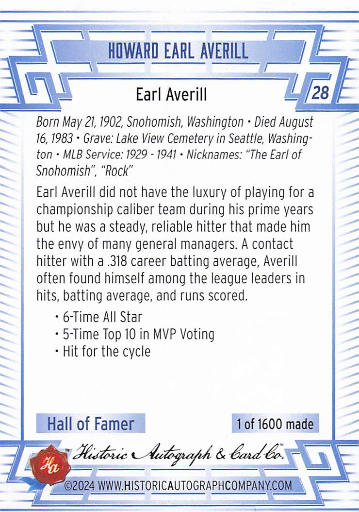 2024 Historic Autographs All Time Greats Baseball Earl Averill #28