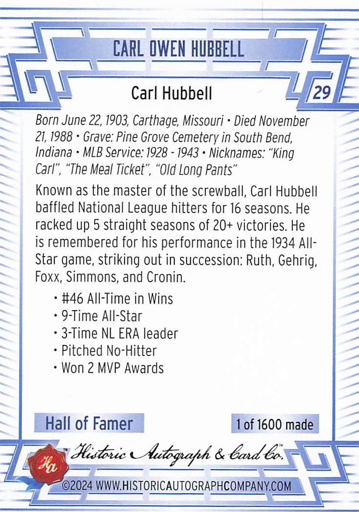 2024 Historic Autographs All Time Greats Baseball Carl Hubbell #29
