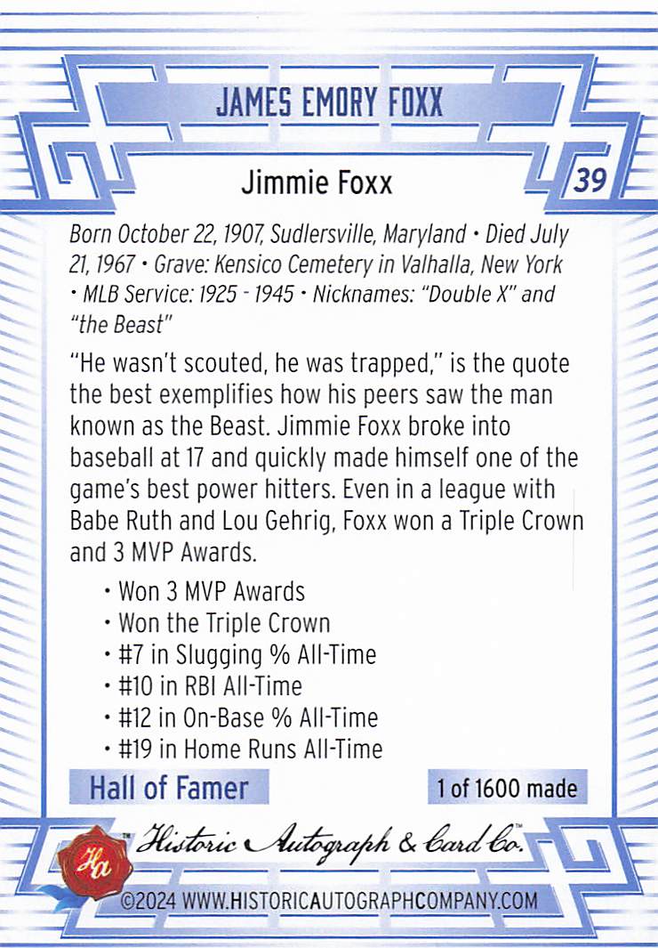 2024 Historic Autographs All Time Greats Baseball Jimmie Foxx #39