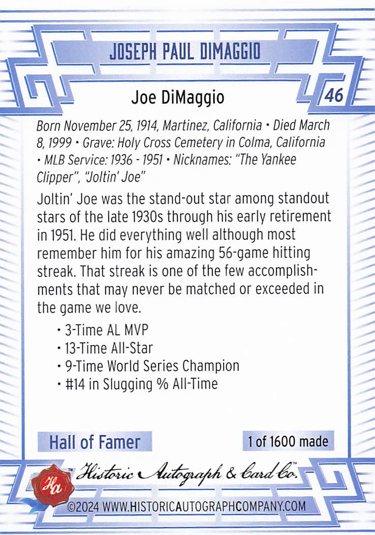 2024 Historic Autographs All Time Greats Baseball Tier 3 Joe DiMaggio #46