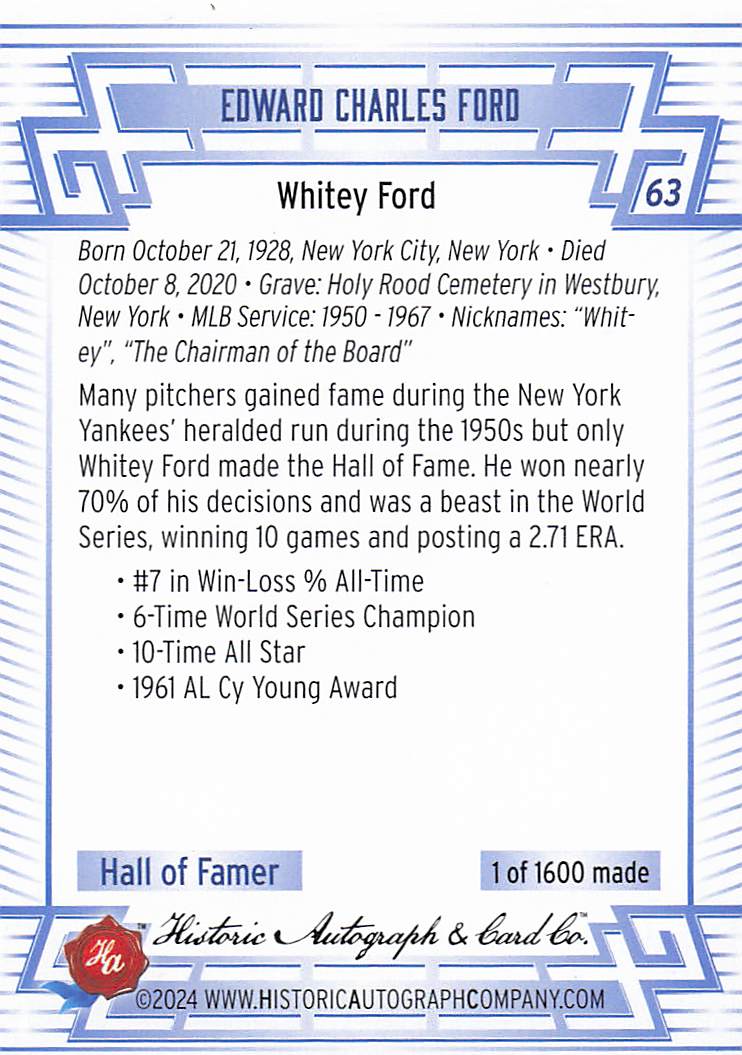 2024 Historic Autographs All Time Greats Baseball Whitey Ford #63