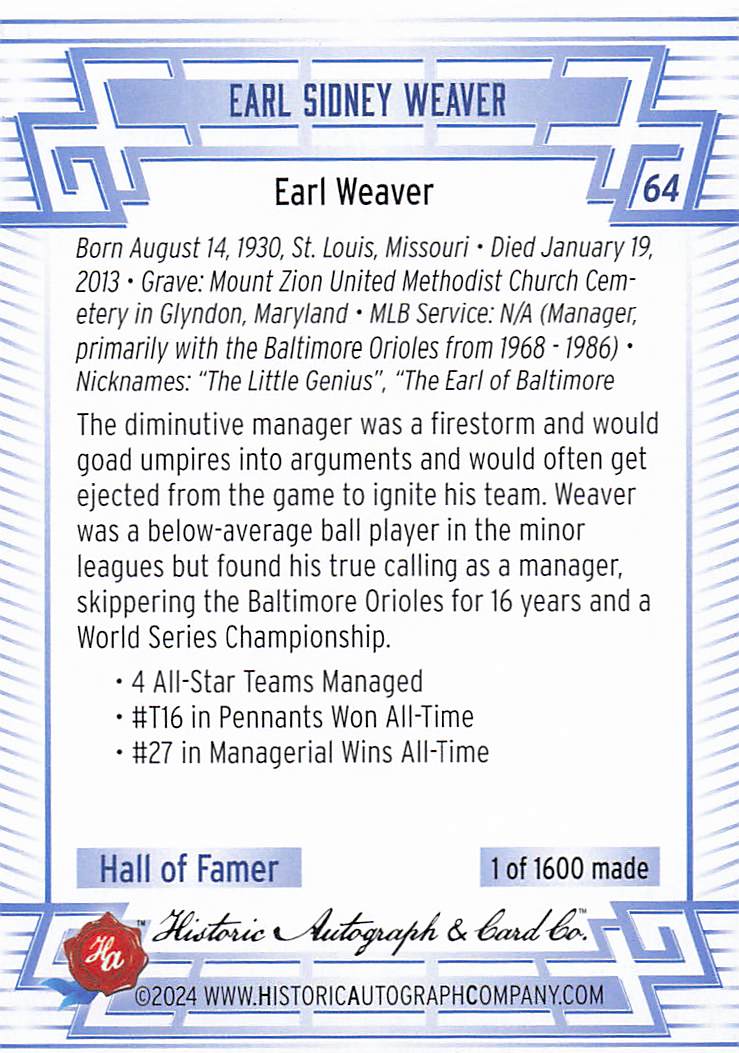 2024 Historic Autographs All Time Greats Baseball Earl Weaver #64