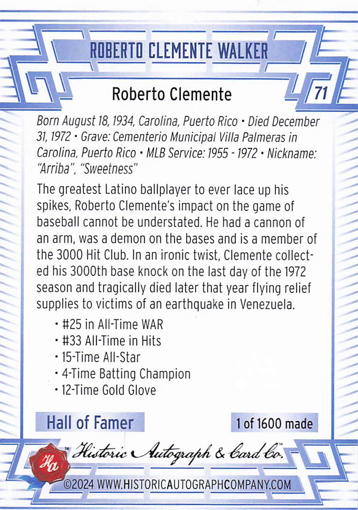 2024 Historic Autographs All Time Greats Baseball Tier 5 Roberto Clemente #71