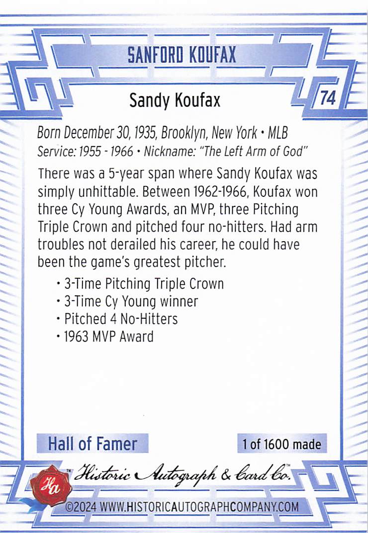 2024 Historic Autographs All Time Greats Baseball Sandy Koufax #74