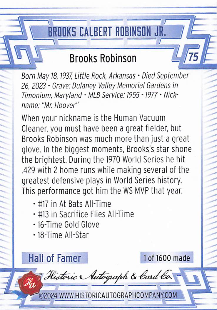 2024 Historic Autographs All Time Greats Baseball Brooks Robinson #75