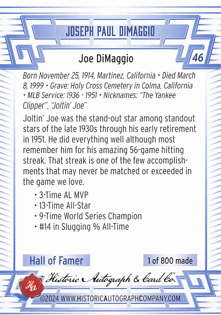2024 Historic Autographs All Time Greats Baseball Joe DiMaggio #46