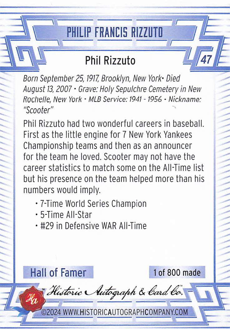 2024 Historic Autographs All Time Greats Baseball Phil Rizzuto #47
