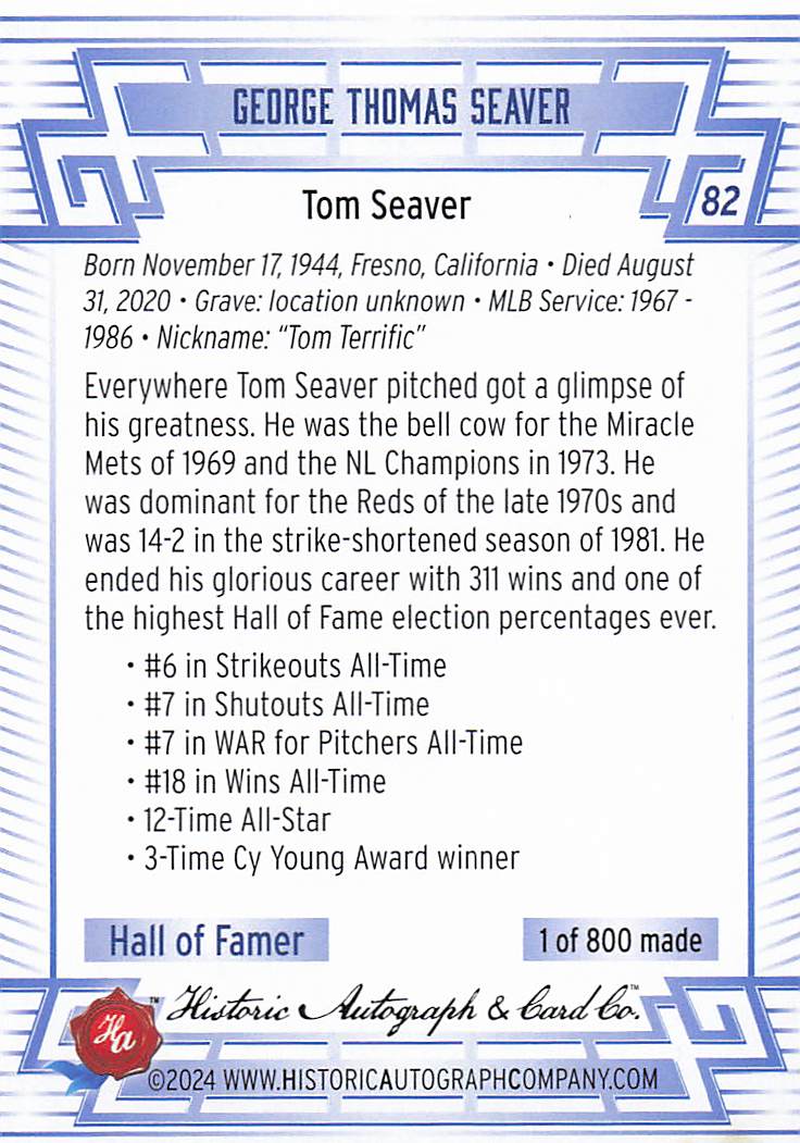 2024 Historic Autographs All Time Greats Baseball Tom Seaver #82