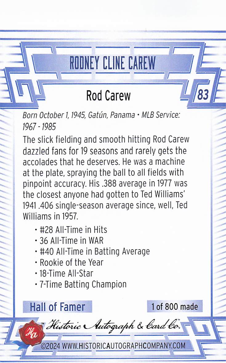 2024 Historic Autographs All Time Greats Baseball Rod Carew #83