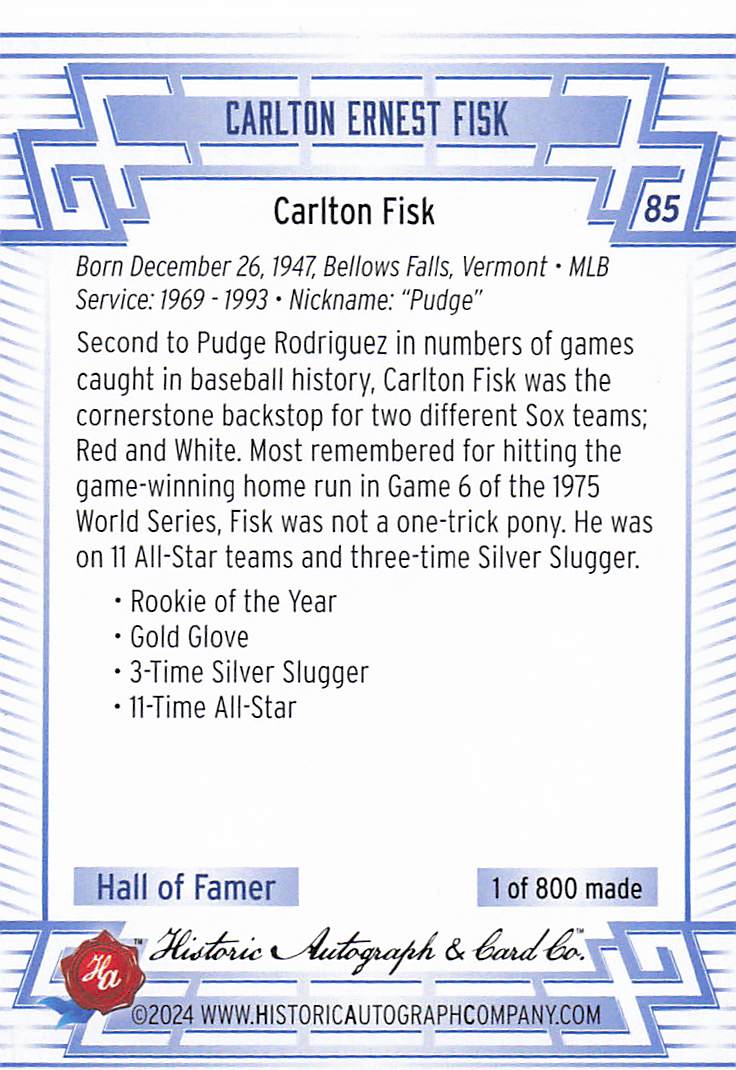 2024 Historic Autographs All Time Greats Baseball Carlton Fisk #85