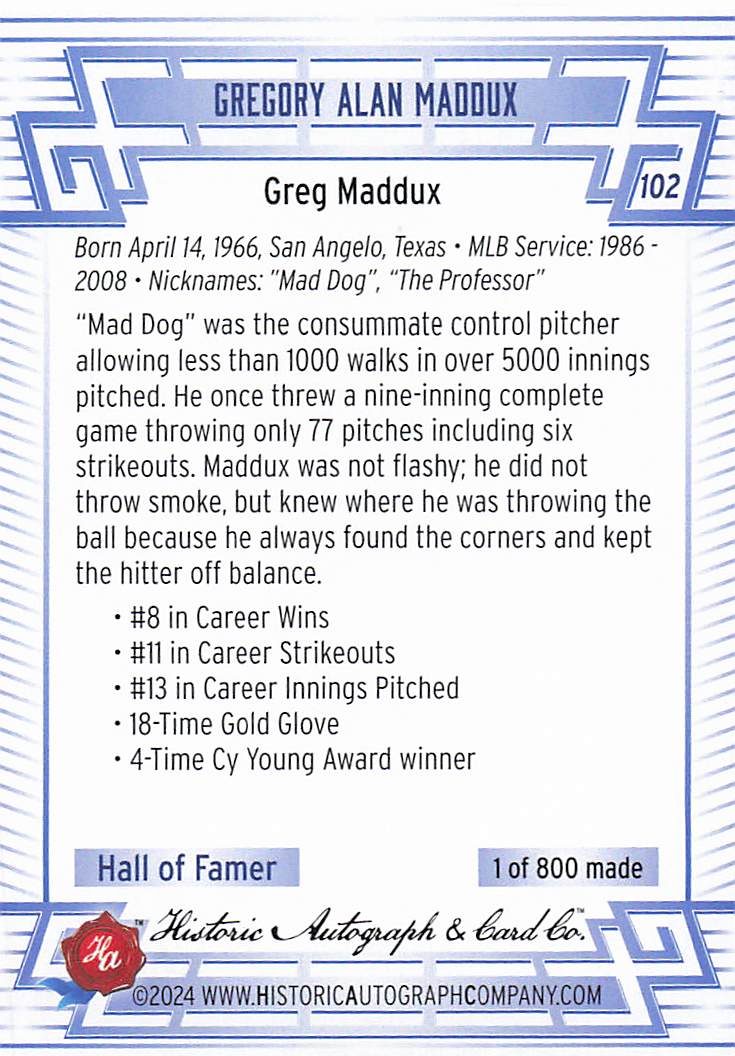 2024 Historic Autographs All Time Greats Baseball Greg Maddux #102