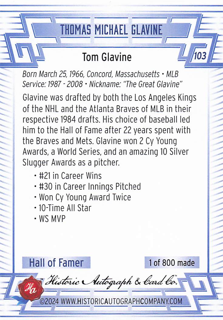 2024 Historic Autographs All Time Greats Baseball Tom Glavine #103