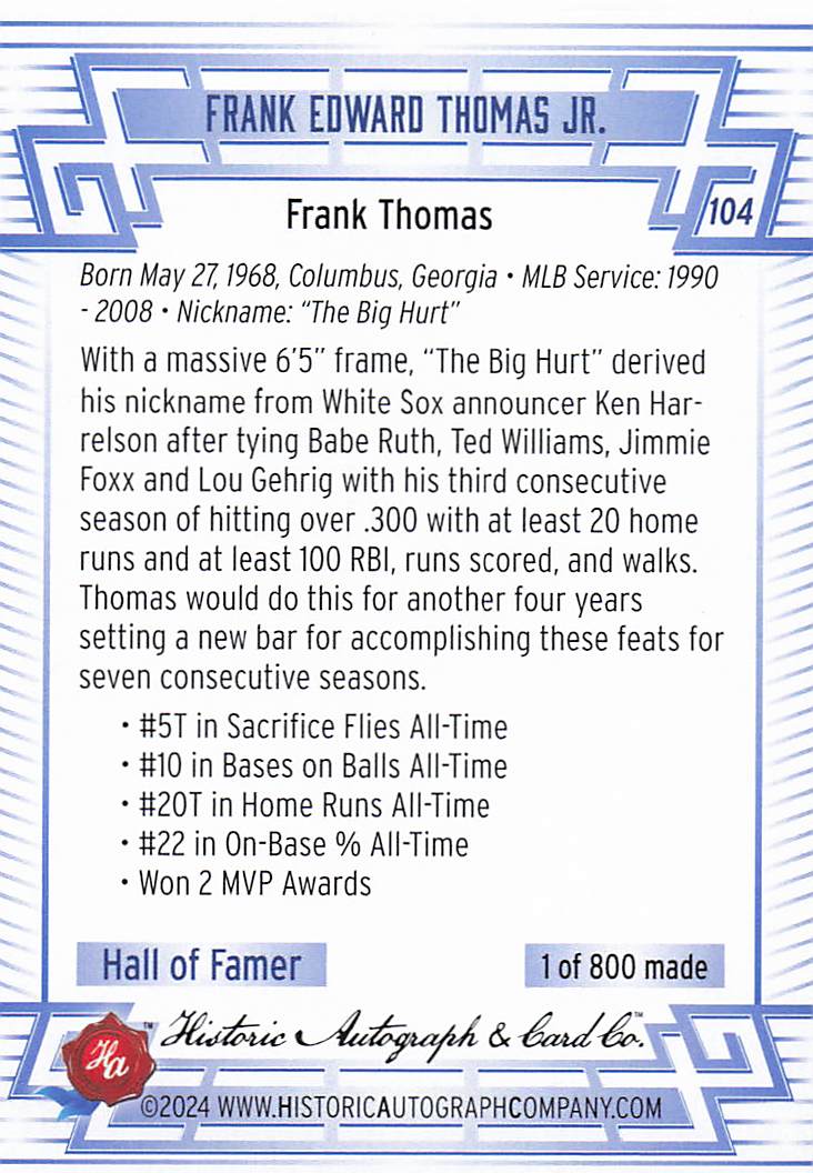 2024 Historic Autographs All Time Greats Baseball Tier 4 Frank Thomas #104