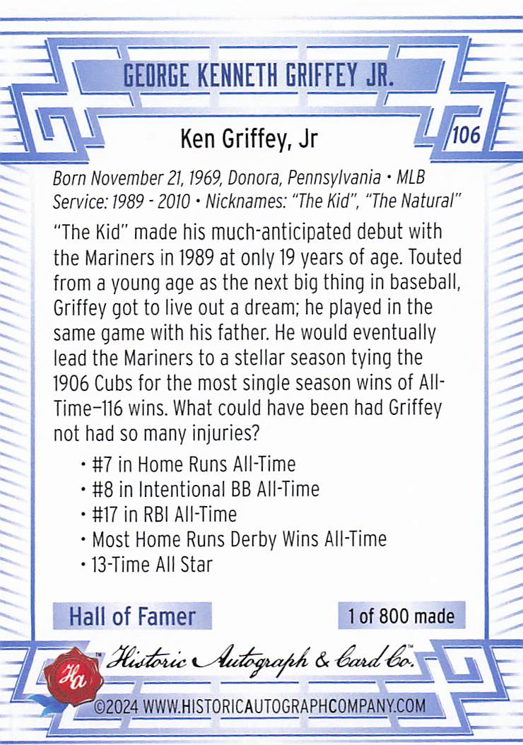 2024 Historic Autographs All Time Greats Baseball Ken Griffey, Jr. #106