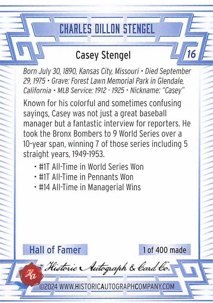 2024 Historic Autographs All Time Greats Baseball Casey Stengel #16