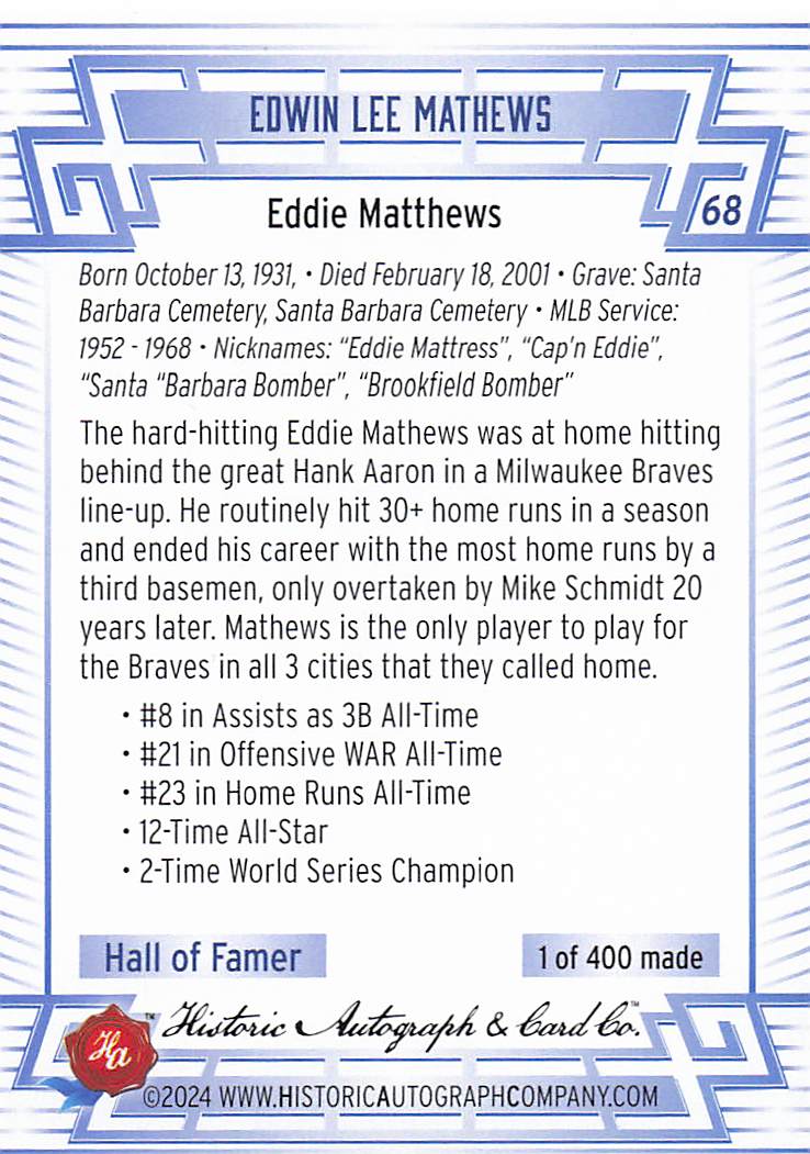2024 Historic Autographs All Time Greats Baseball Eddie Mathews #68