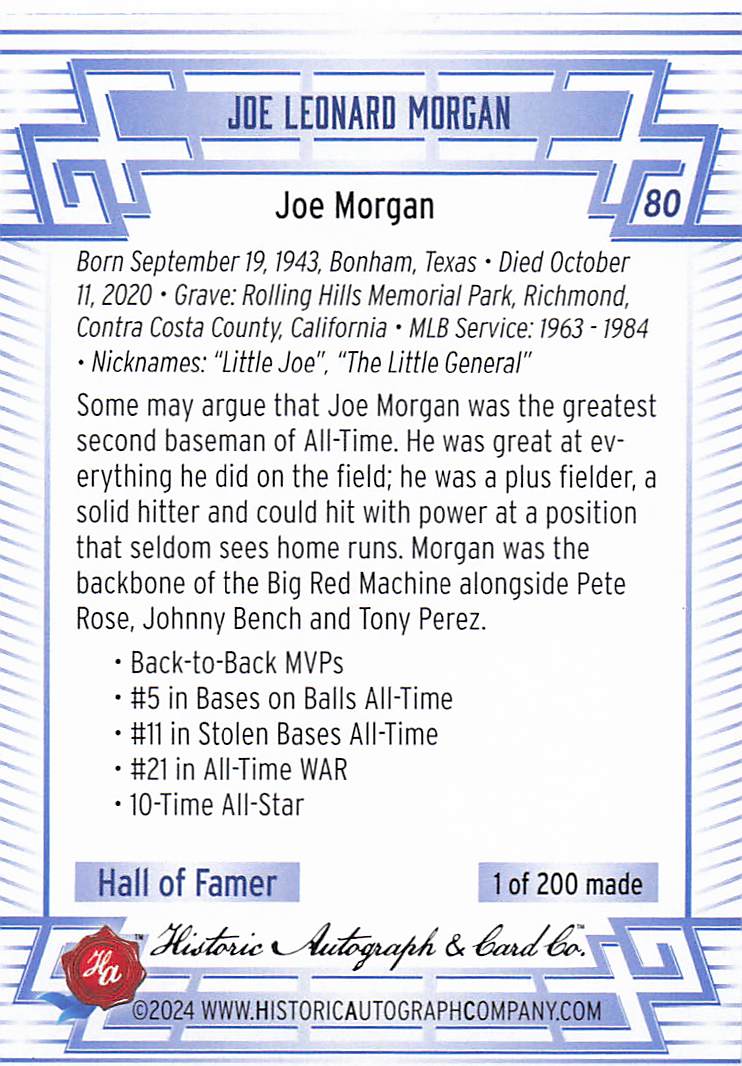 2024 Historic Autographs All Time Greats Baseball Joe Morgan #80