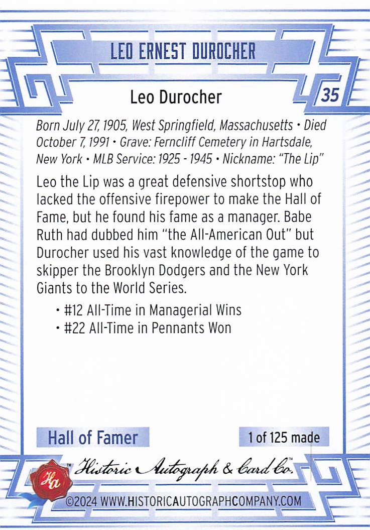 2024 Historic Autographs All Time Greats Baseball Leo Durocher #35