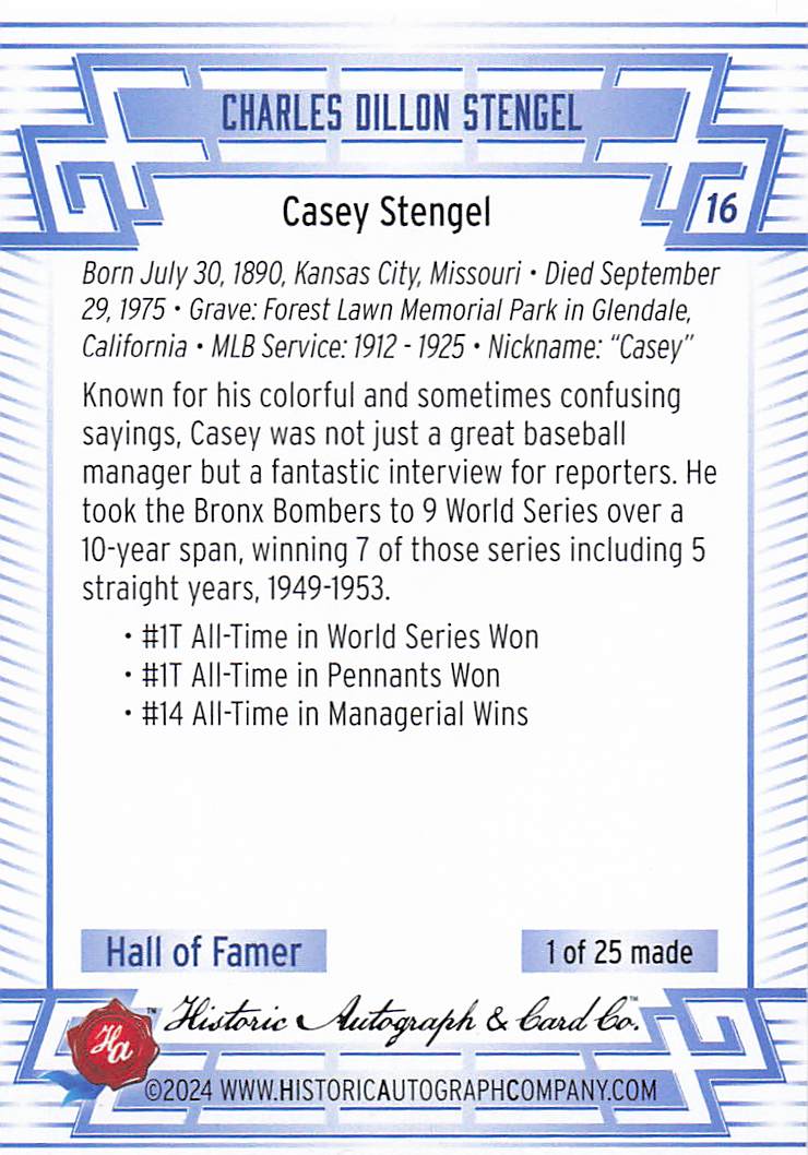 2024 Historic Autographs All Time Greats Stained Glass Casey Stengel #16