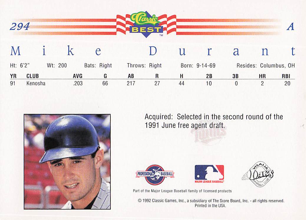 1992 Classic Best Baseball Mike Durant #294