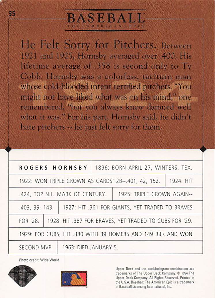 1994 Upper Deck Baseball: The American Epic Baseball Rogers Hornsby #35