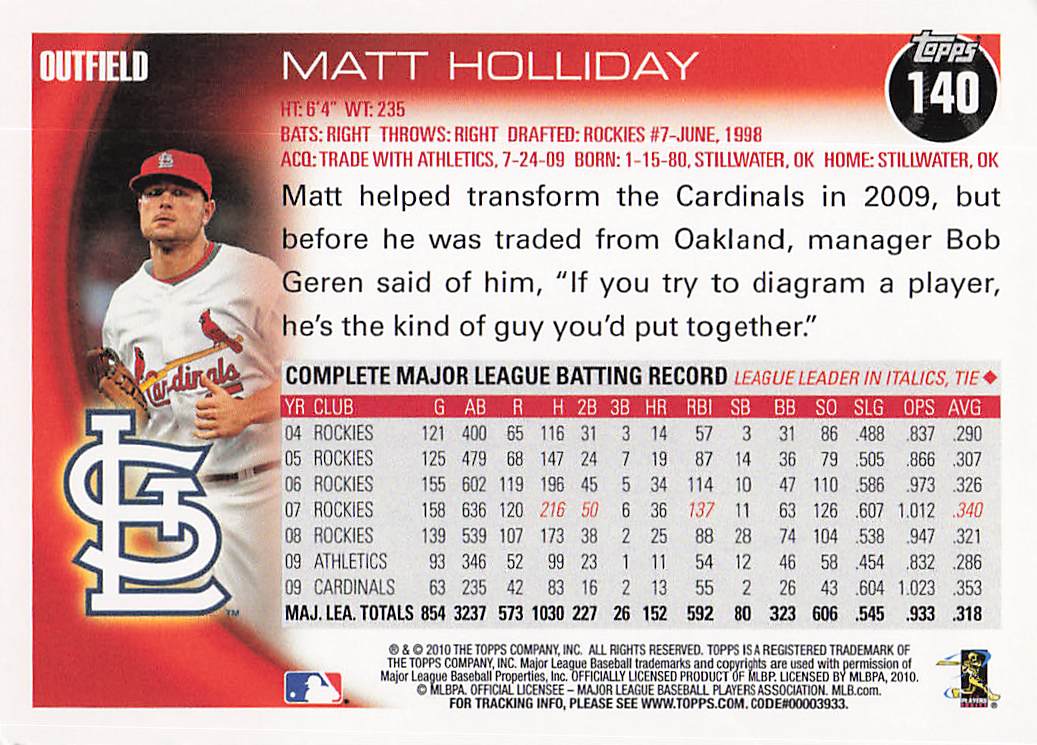 2010 Topps Baseball Matt Holliday #140