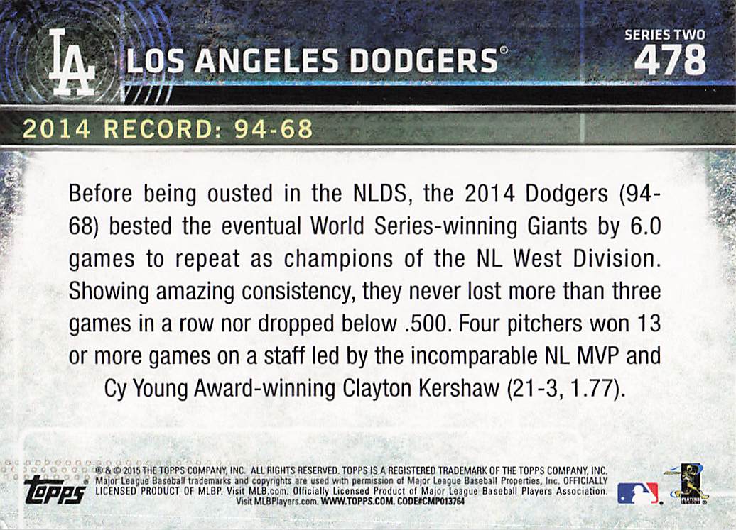 2015 Topps Baseball Los Angeles Dodgers #478