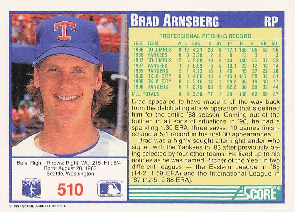 1991 Score Baseball Brad Arnsberg #510