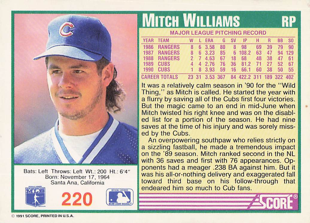 1991 Score Baseball Mitch Williams #220