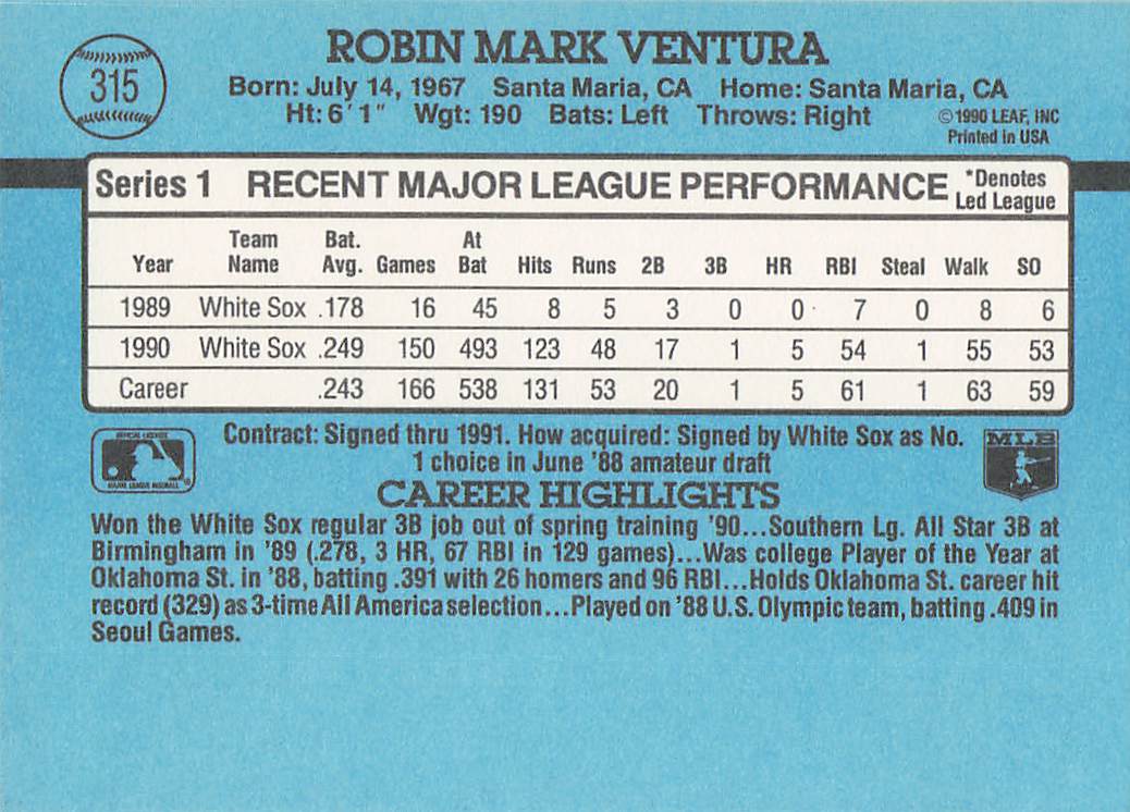 1991 Donruss Baseball Robin Ventura #315c