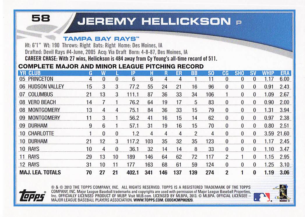 2013 Topps Baseball Jeremy Hellickson #58