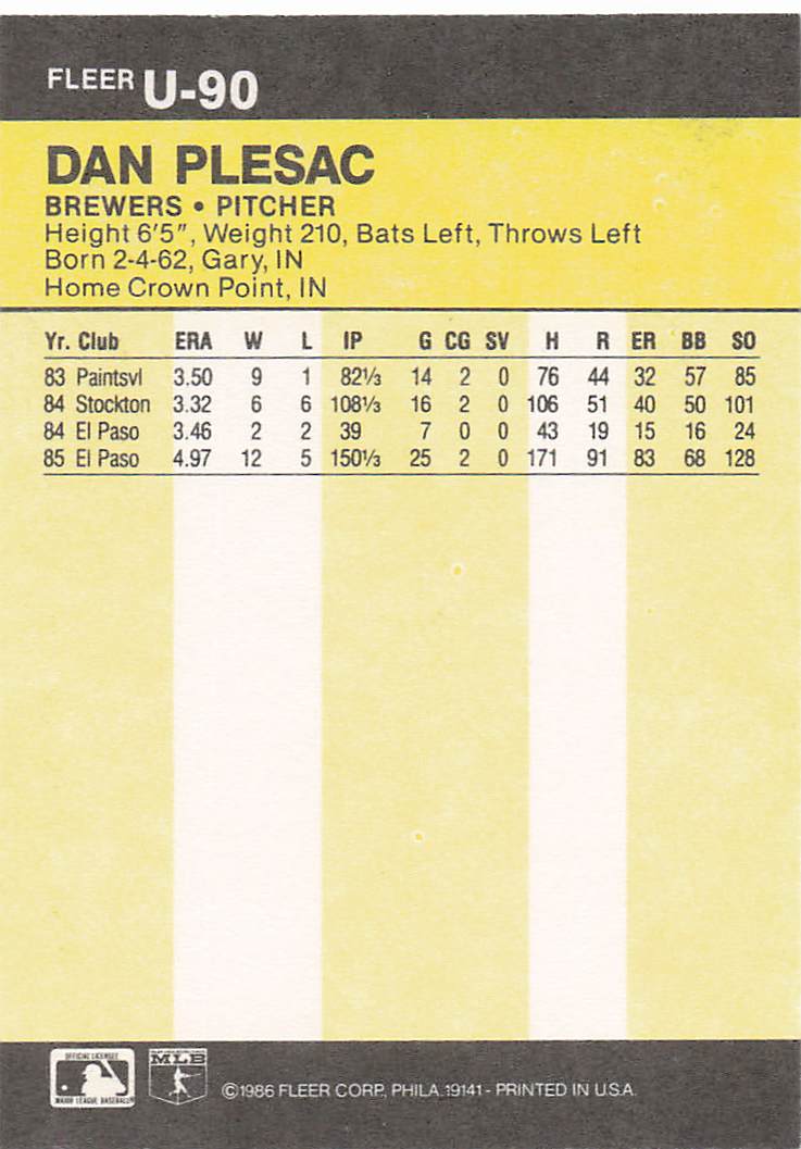 1986 Fleer Update Baseball Dan Plesac #U-90