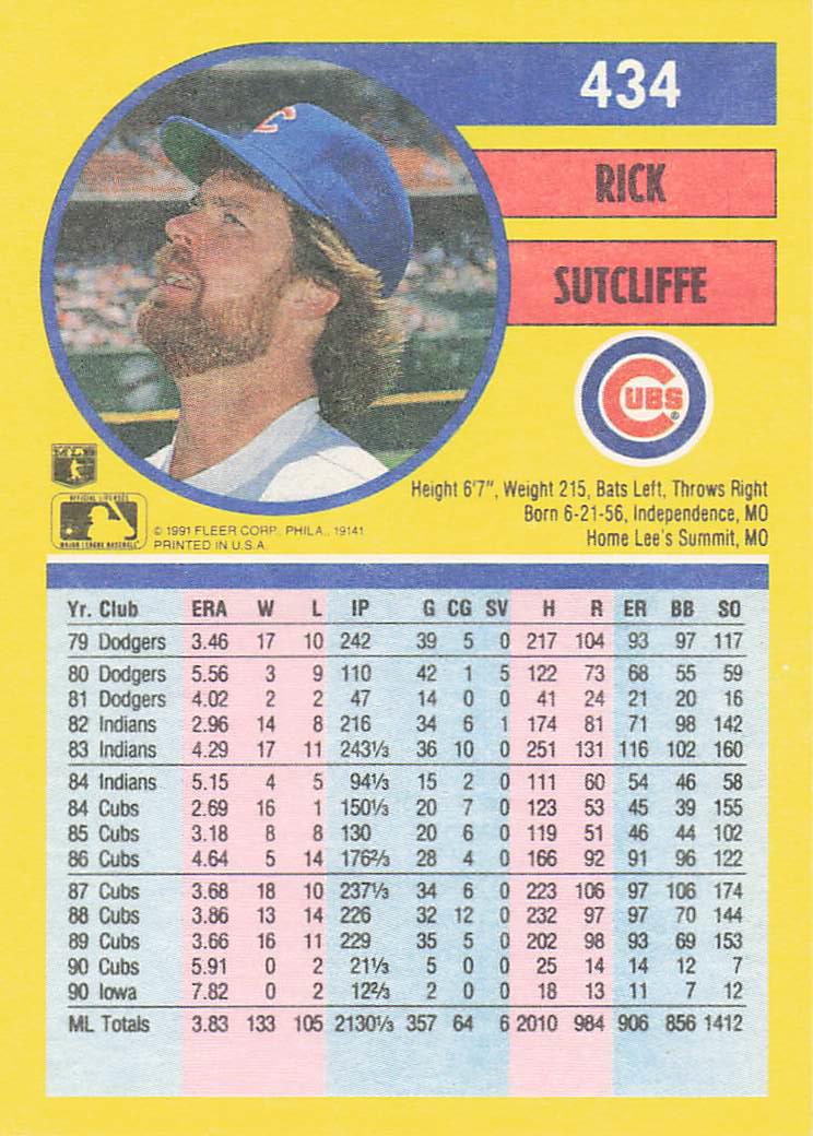 1991 Fleer Baseball Rick Sutcliffe #434b