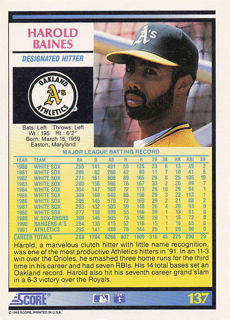 1992 Score Baseball Harold Baines #137