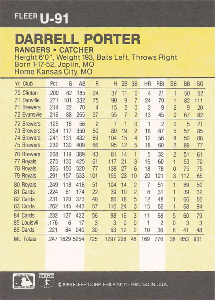 1986 Fleer Update Baseball Darrell Porter #U-91