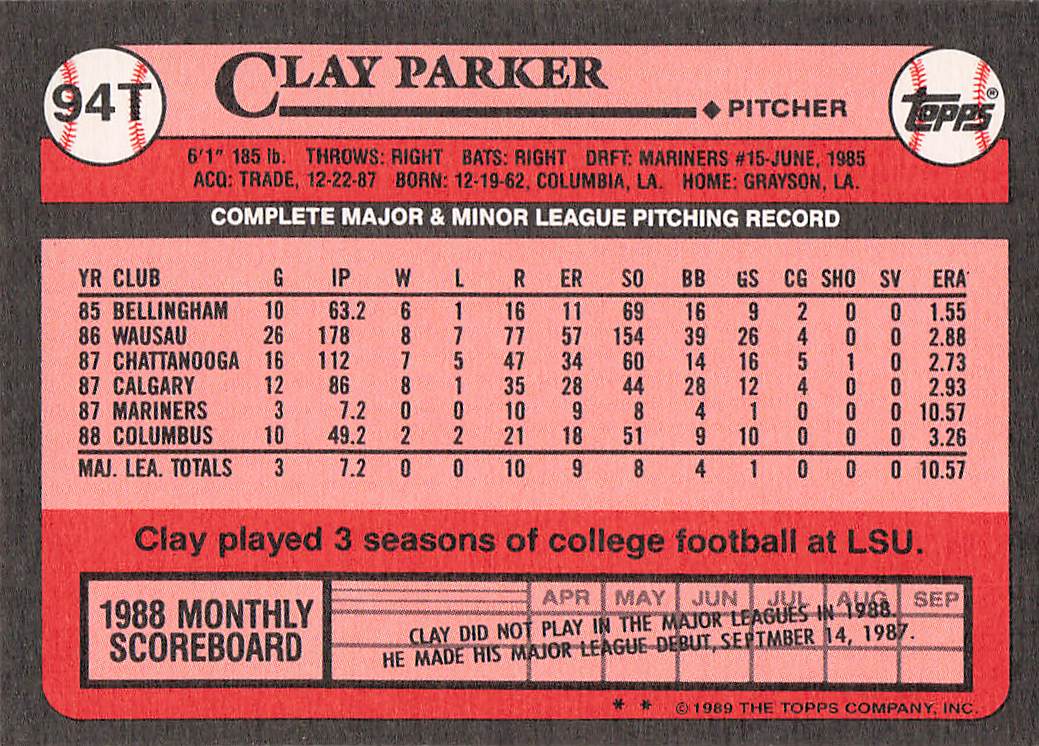 1989 Topps Traded Baseball Clay Parker #94T