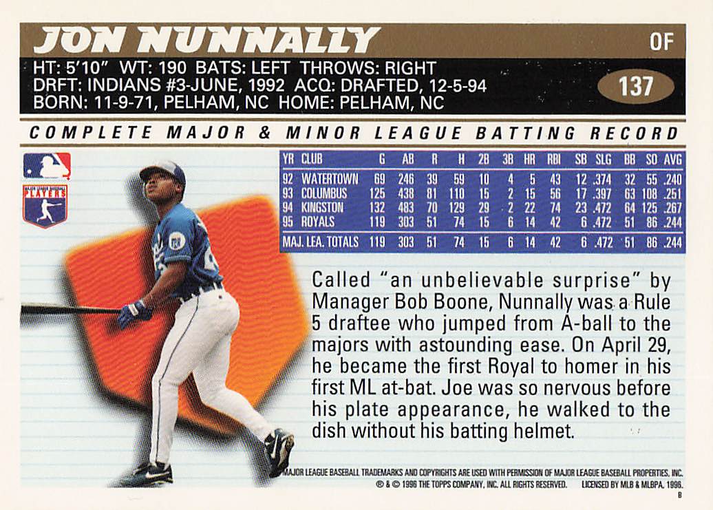 1996 Topps Baseball Jon Nunnally #137