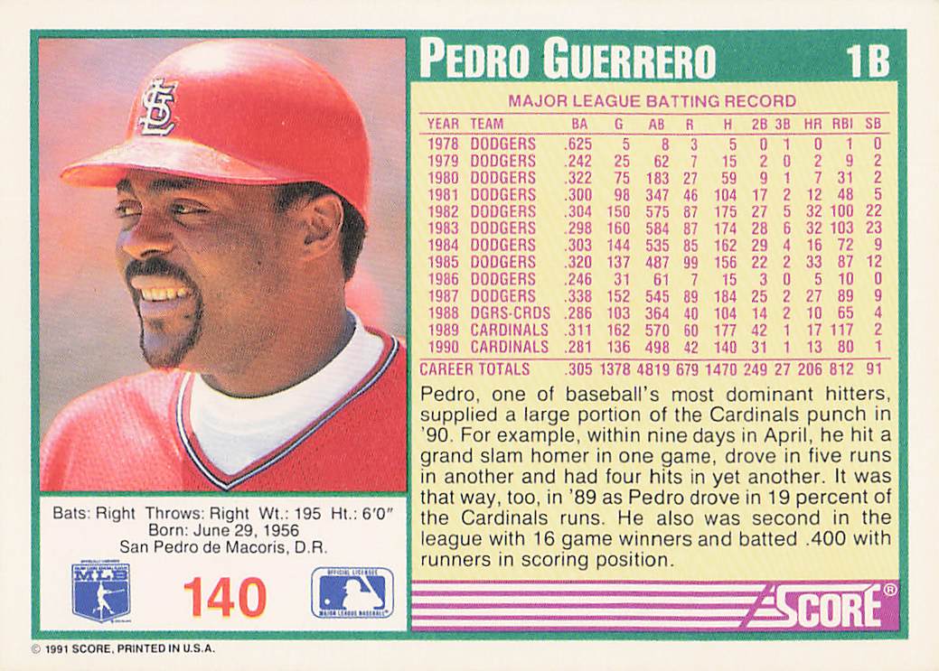 1991 Score Baseball Pedro Guerrero #140