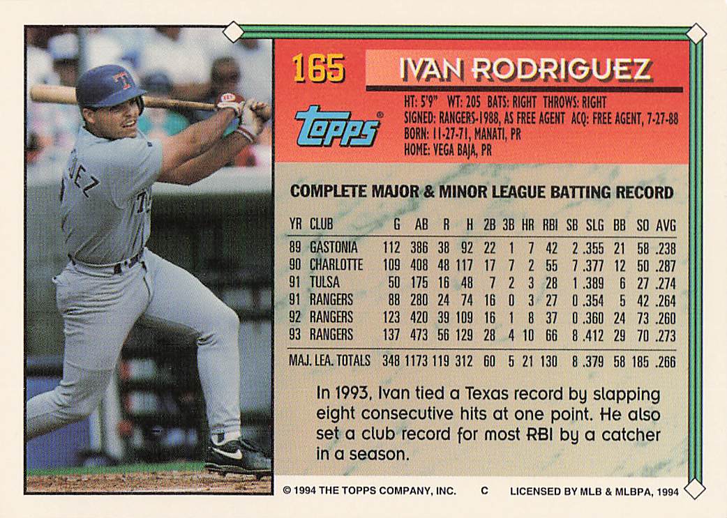 1994 Topps Baseball Ivan Rodriguez #165