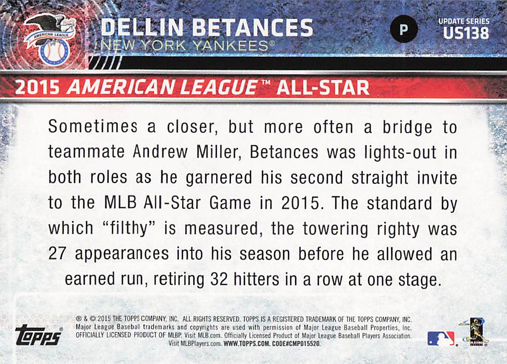 2015 Topps Update Baseball Black Dellin Betances #US138