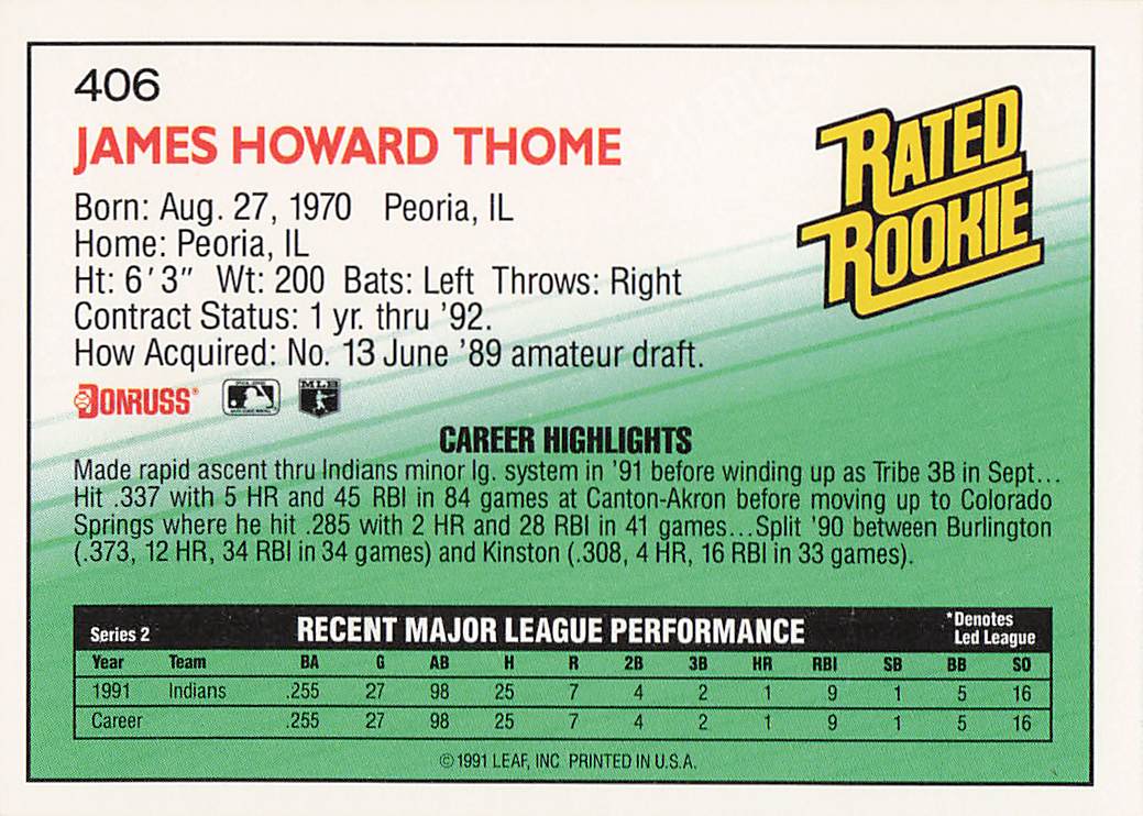 1992 Donruss Baseball Jim Thome #406
