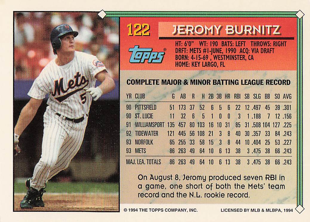1994 Topps Baseball Jeromy Burnitz #122b
